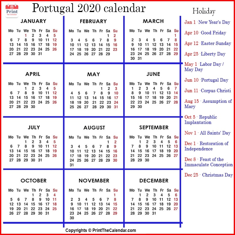 Portugal Calendar 2020 with Portugal Public Holidays